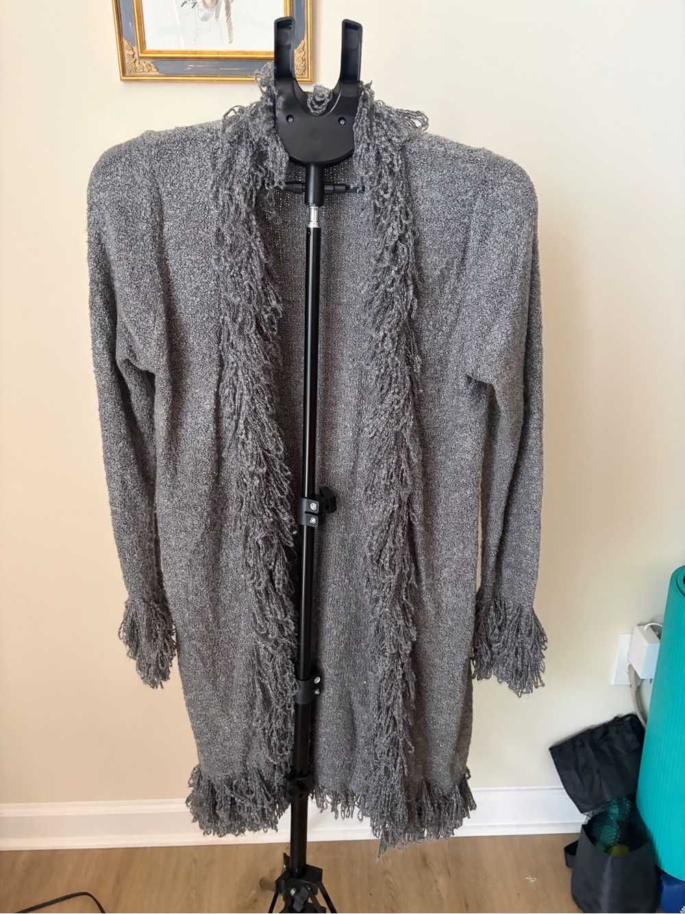 Gray Fringe Trim Long Open Front Cardigan Size XL Boucle Knit Boho Duster